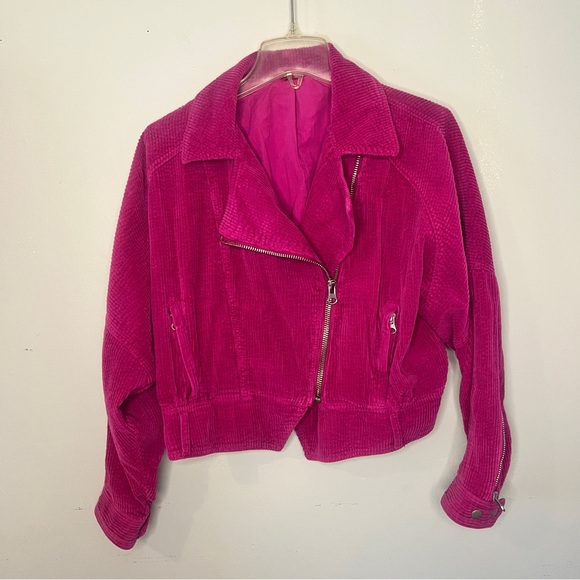 Free People Corduroy Bomber Jacket Zip Pockets Fuchsia Dolman Sleeve - Picture 1 of 8
